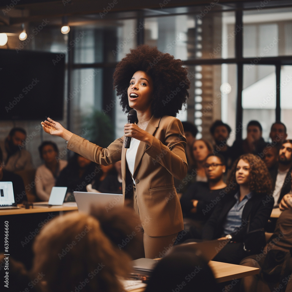 Black woman giving a presentation or lecture. - obrazy, fototapety, plakaty 