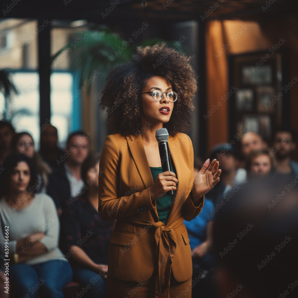 Fototapeta premium Black woman giving a presentation or lecture.