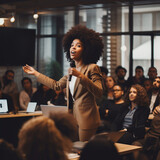 Black woman giving a presentation or lecture.