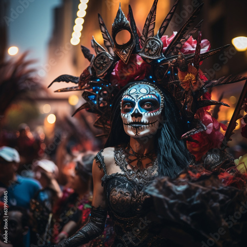 Mexican people with masks in the celebration of the Dia de los Muertos. Mexican tradition. © DALU11