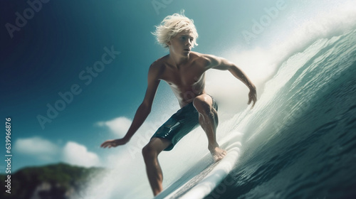 A norwegian blonde boy surfing on the beach © Cristian