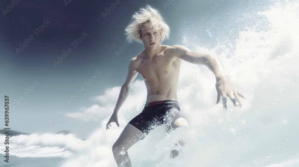 A nordic blonde boy surfing on the beach