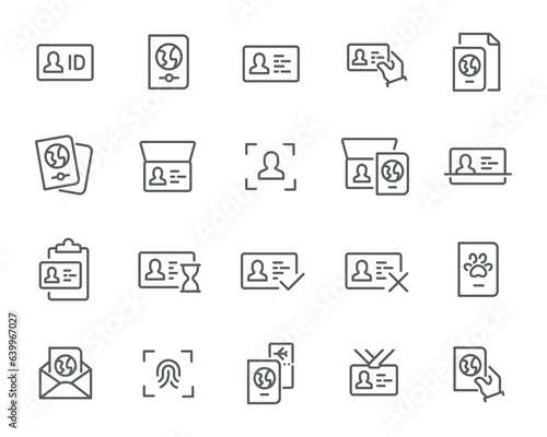 Passport and ID Icons Set. Comprehensive collection for identity verification and travel. ID cards, passports, biometrics, chip tech, document checks and more. Perfect for web design.