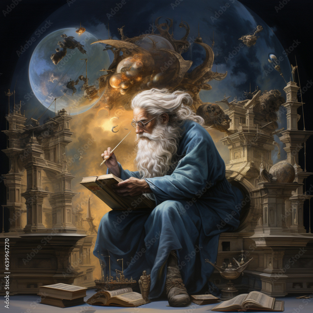 Philosopher thinking and writing in a book. Philosopher thinking and writing in a book.