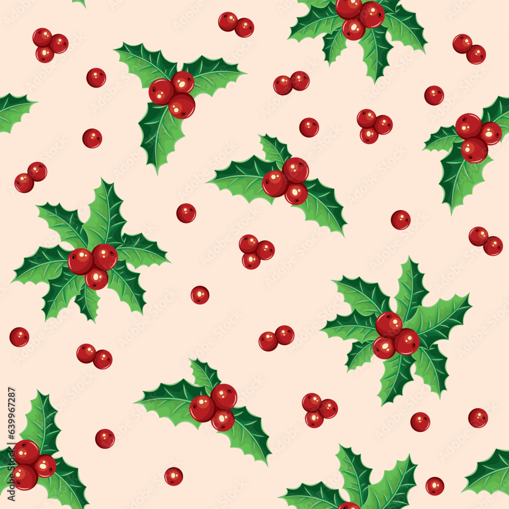 Vector pattern with holly and holly berries Vector pattern with holly and holly berries