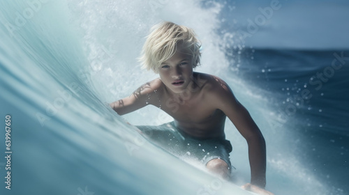 A blonde boy playing on the sea