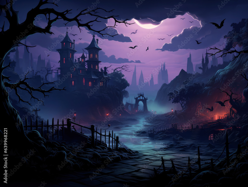Halloween spooky landscape in a dark night