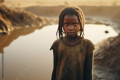 Documentary Photography of a young girl in Africa, gazing intently into an almost dry well.generative ai photo