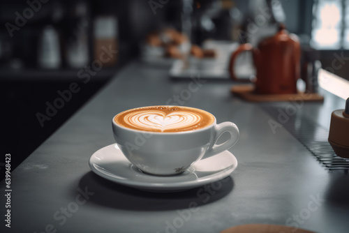 Cup with Latte Coffee. Heart shaped latte art