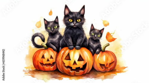 Halloween pumpkins with black cats on white background, illustration. Ai generative. © Rosaria