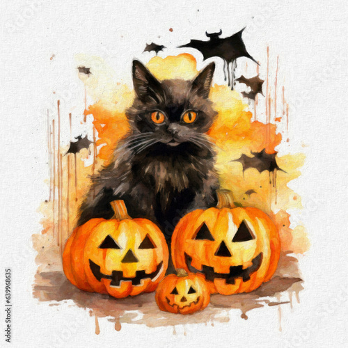 Halloween pumpkins with black cats on white background, illustration. Ai generative.