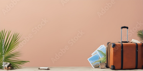 Suitcase adventure travel holiday or vacation concept pink landscape background empty space for design