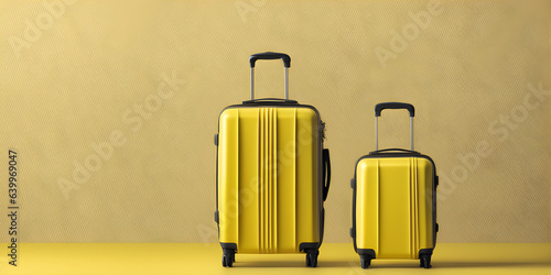 Suitcase adventure travel holiday or vacation concept yellow landscape background empty space for design