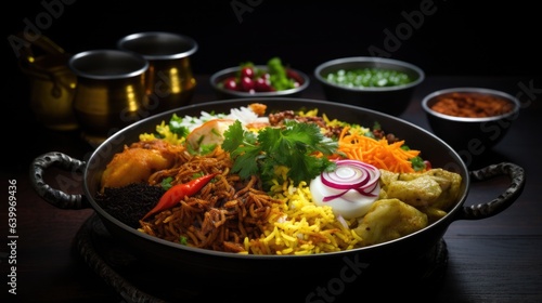 Delicious and spicy indian meat biryani in traditional pot