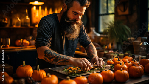 man working at halloween table.