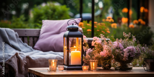 Tranquil Garden Patio with Flowers and Lanterns