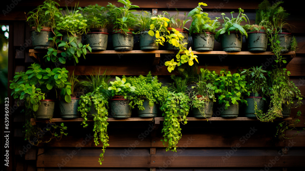 green plants in pots on wooden shelf
