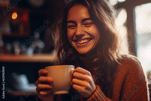 photograph of joyful young woman enjoying a cup of coffee at home.generative ai