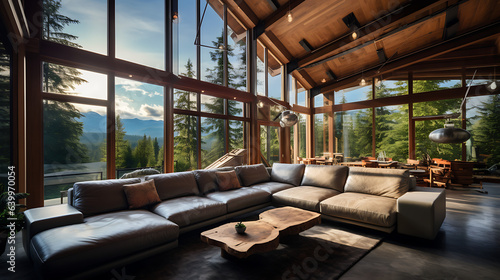 Beautiful luxury warm living room with brown leather couches sofa, sofa table, and plants. Amazing enviable view to mountains landscape through the window during morning sunrise. Empty with nobody