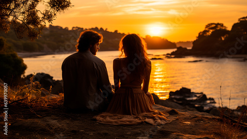 young couple in love enjoying a beautiful view from the beach