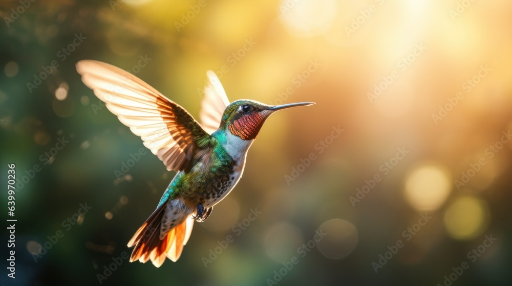 Fototapeta premium Flying hummingbird web banner. National Hummingbird Day. Flying hummingbird with flowers background. Small colorful bird in flight