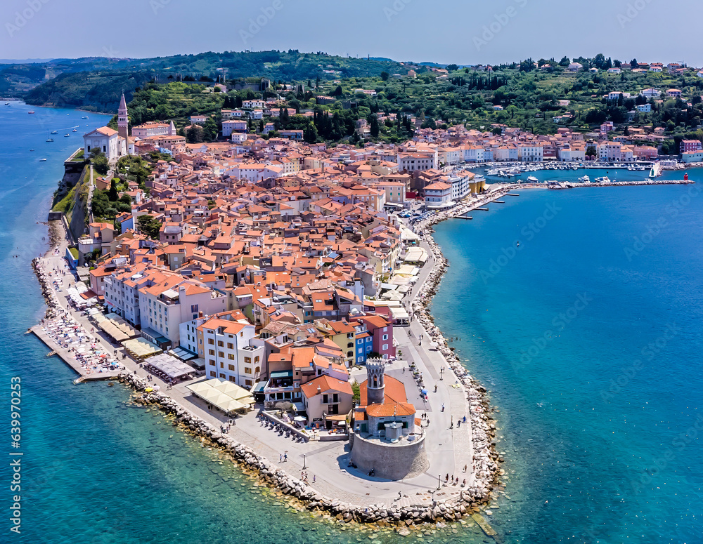 A close up aerial view showing  the promontory in the town of Piran, Slovenia in summertime
