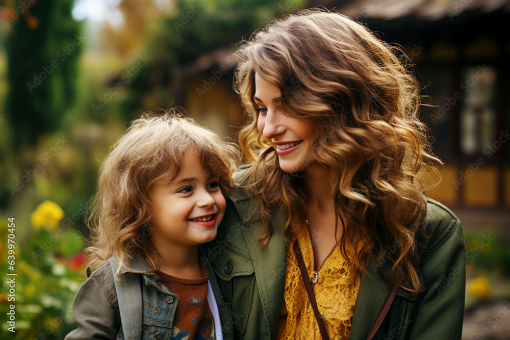 Fototapeta premium A young beautiful mother hugs her little daughter with tenderness and love. Care and maternal feelings.