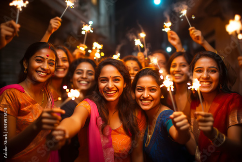 Indian women with Bengali fireworks celebrating Indian Festival Diwali. 