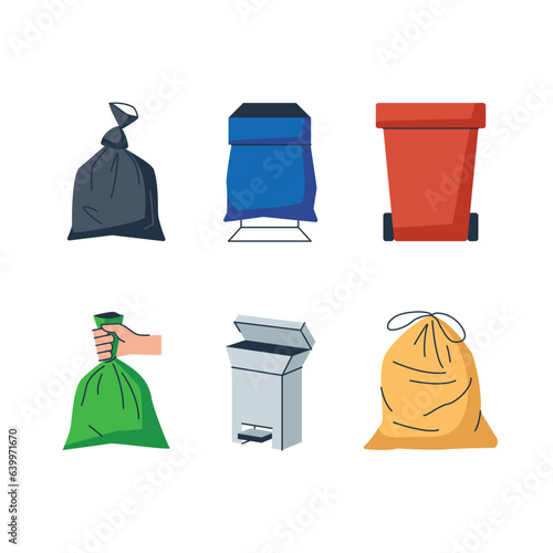 Trash bags, bins and containers, vector icons