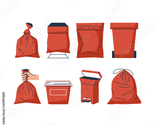 Red trash bags, bins and containers, vector icons