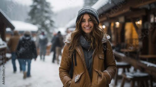 A beautiful Caucasian Woman Enjoying Her Vacation at a Snowy Mountain Retreat