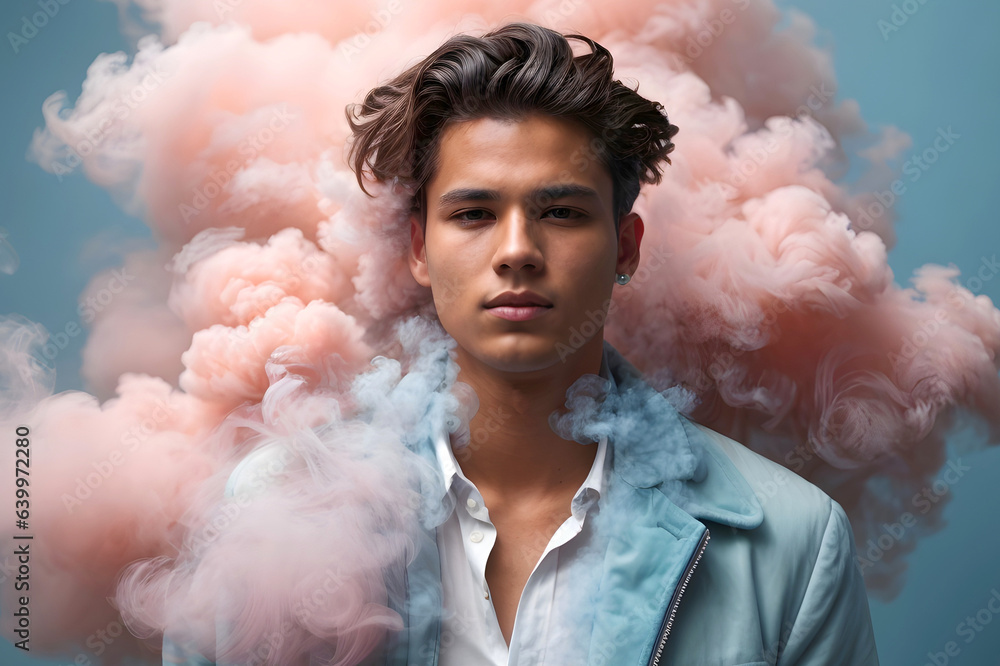 A handsome young man with clouds of smoke on a pastel background. A handsome young man with clouds of smoke on a pastel background.