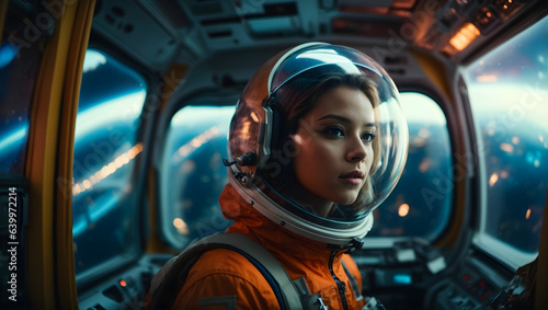 A female astronaut wearing an orange suit and helmet and sitting in a  cockpit on the background of the planet Earth. © Alan