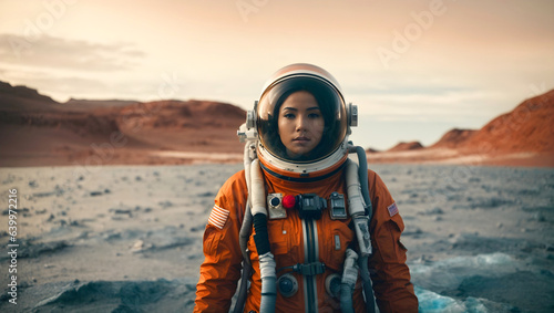An astronaut woman in an orange space suit and helmet looking at the camera while standing on Mars. © Alan
