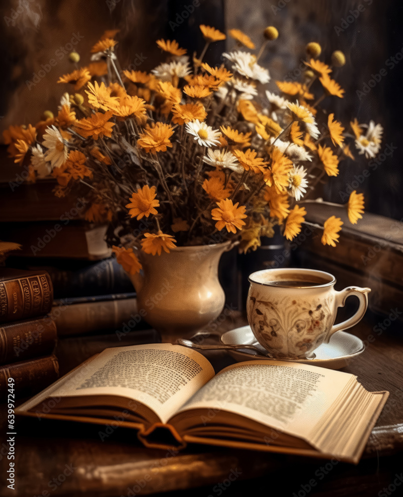 Naklejka premium Still life with a bouquet of yellow flowers, books and a cup of coffee. Generative AI.