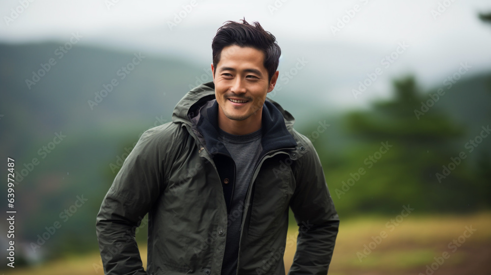 A Handsome Asian Man Enjoying His Vacation at a Mountain Retreat A Handsome Asian Man Enjoying His Vacation at a Mountain Retreat