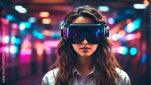 A front view of a young woman in virtual reality glasses against illuminated background.