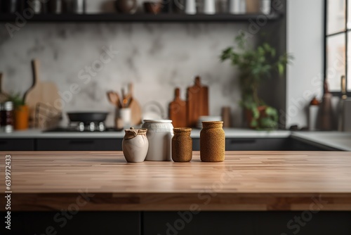 Kitchen counter top for product display with modern minimalist kitchen room interior in the background. Generative AI