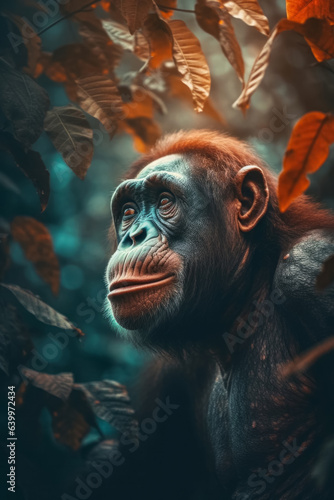 A portrait of a chimpanzee in the wild. Generative AI.