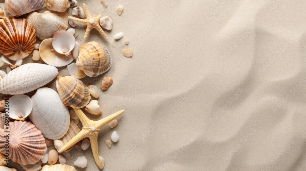 Shells on the sand, top view, place for text. Generative AI. banner, background, wallpaper, packaging