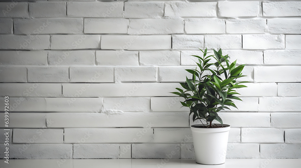 wall with white bricks with a green plan on the side. Empty space for text or product placement wall with white bricks with a green plan on the side. Empty space for text or product placement