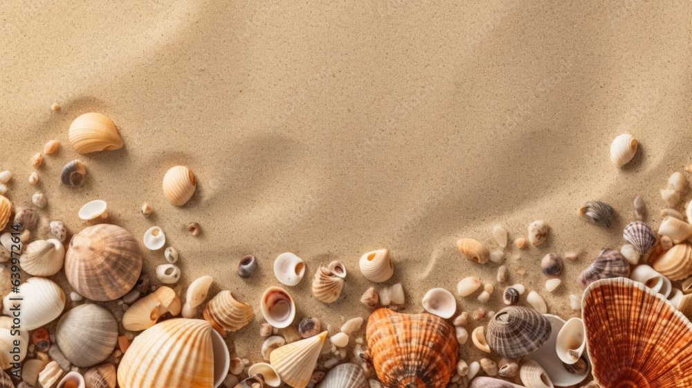 Shells on the sand, top view, place for text. Generative AI .banner, background, wallpaper, packaging
