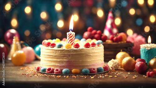 Birthday cake with burning candle on wooden table against blurred lights background.