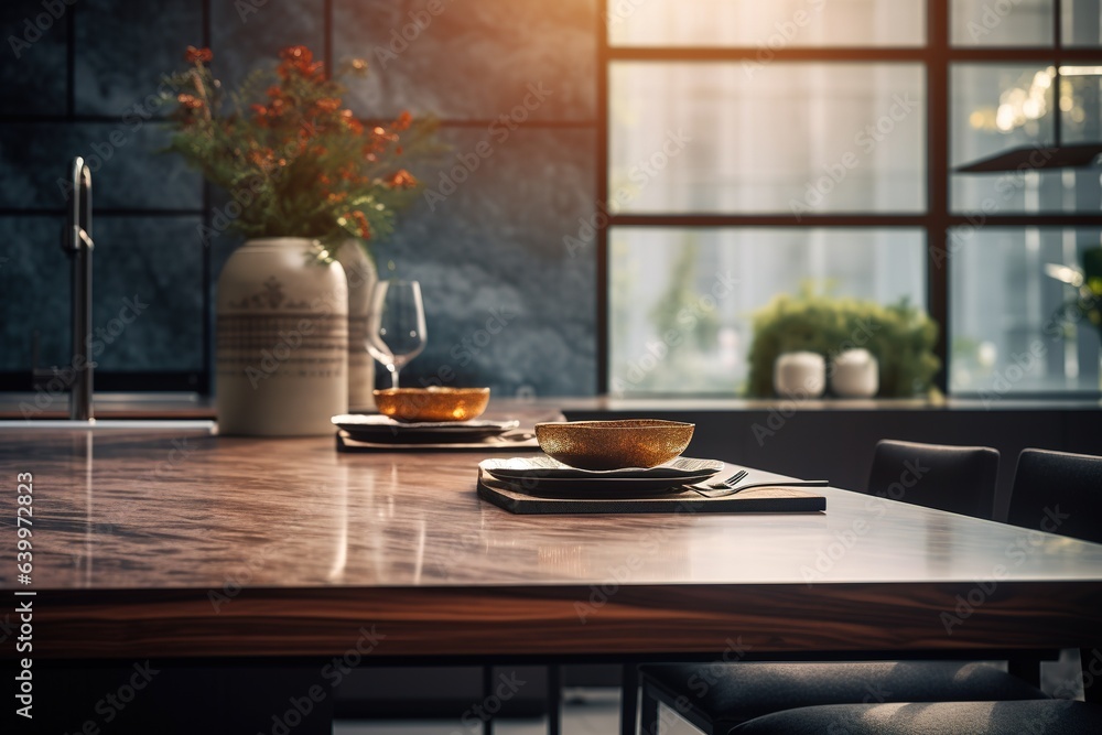 Kitchen counter top for product display with modern minimalist kitchen room interior in the background. Generative AI Kitchen counter top for product display with modern minimalist kitchen room interior in the background. Generative AI