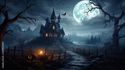 Spooky haunted house, old wooden mansion at Halloween night in forest © karina_lo