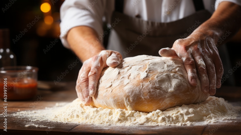 Close - up of hands kneading dough with culinary passion, Stock photo,