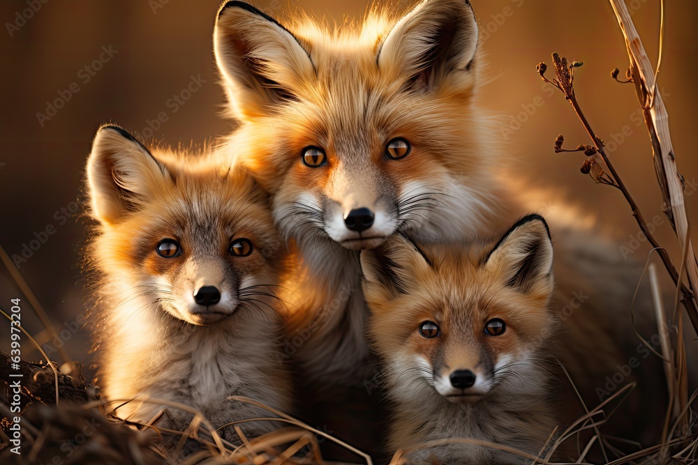 mother red fox with little foxes in autumn mother red fox with little foxes in autumn