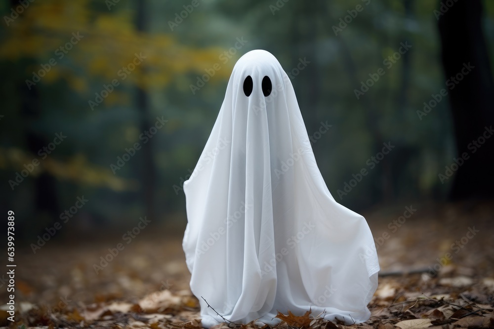 scaary white ghost in halloween in forest