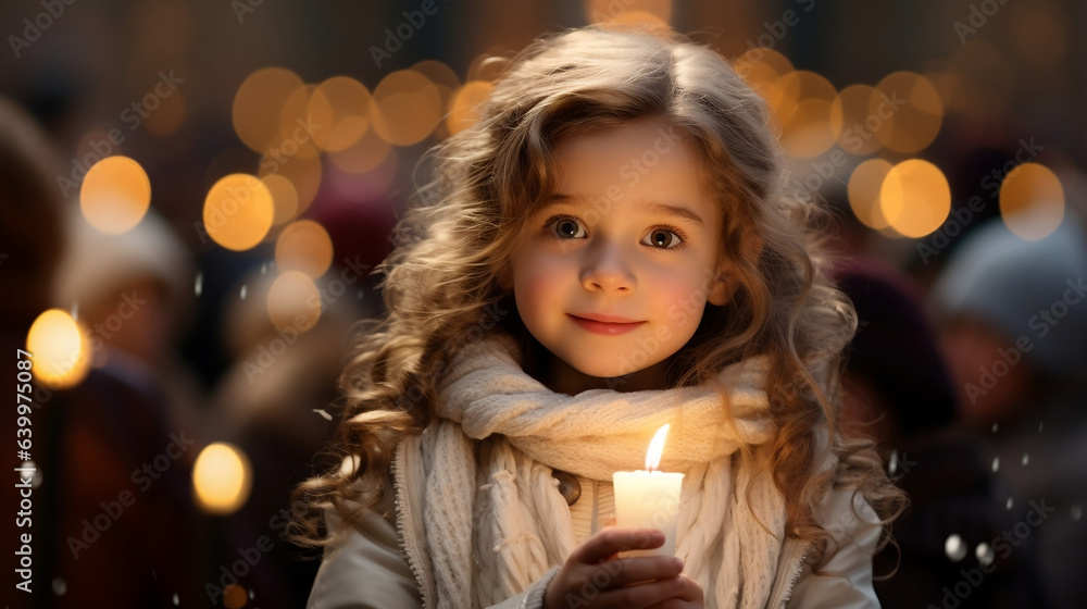 Portrait of a girl toddler child in white clothes holding a candle at a Christmas carol, christmas lights in the background, winter snow nativity white Christmas Holidays Portrait of a girl toddler child in white clothes holding a candle at a Christmas carol, christmas lights in the background, winter snow nativity white Christmas Holidays