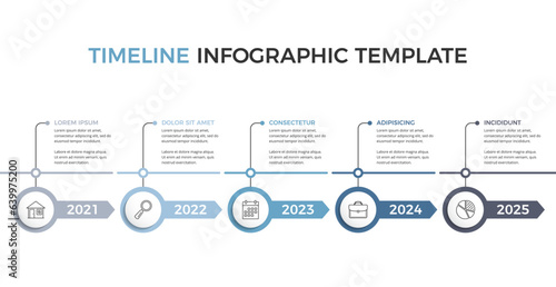 Horizontal timeline infographics template with five arrows with place for icons, dates and text, vector eps10 illustration